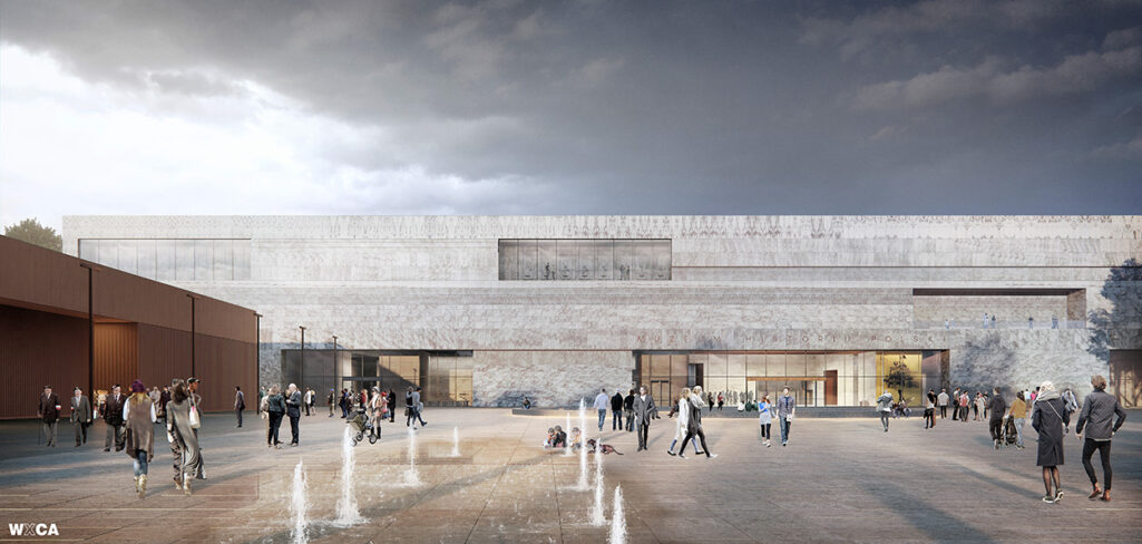 Visualisation of the Polish History Museum with a facade of horizontal marble slabs